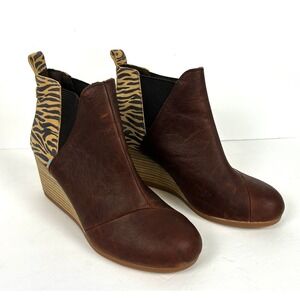TOMS Kelsey Brown Leather Wedge Ankle Boots Size 9 Zebra Animal Print Booties